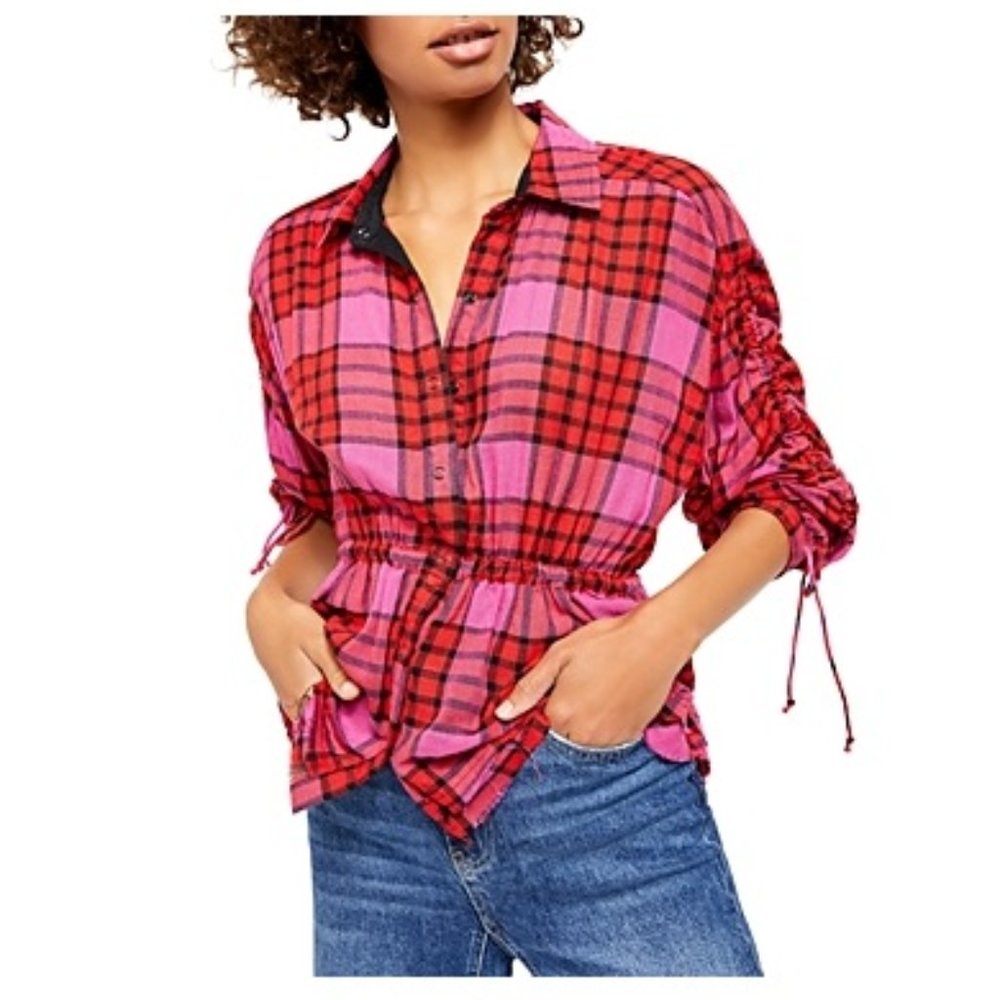NWT Free People Womens Ruched Plaid 3/4 Sleeve Shirt Top Size S $118 C0108
